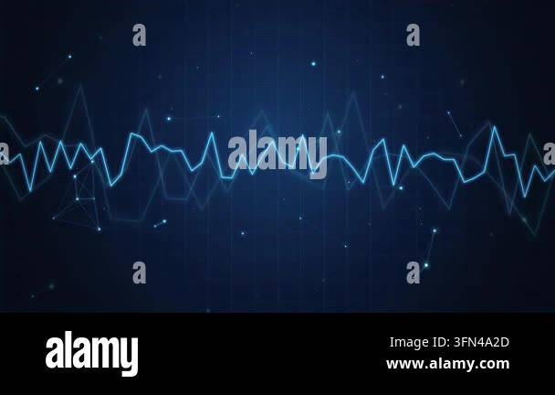 Abstract digital waveform pulsating with blue light against a dark grid ...