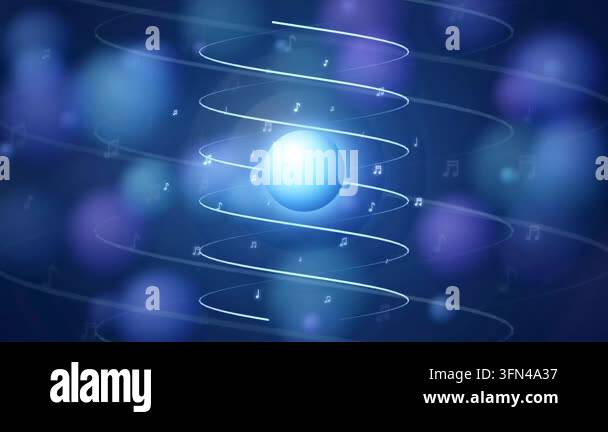 Abstract blue background with a glowing sphere and swirling musical ...