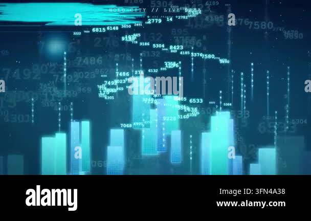 Abstract digital cityscape with glowing blue buildings and floating ...