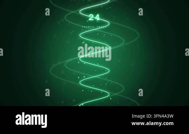 Abstract green digital background with a glowing neon spiral and rising ...