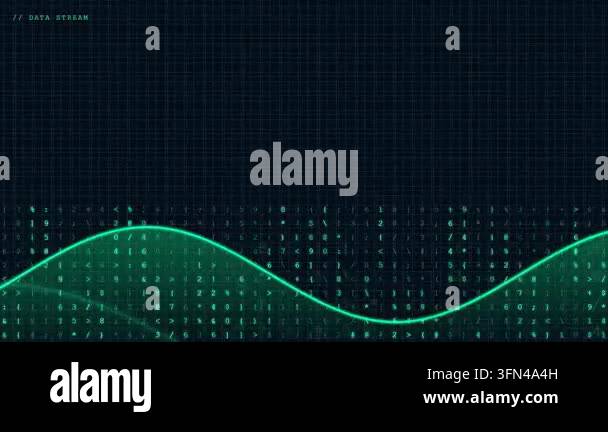 Abstract digital data stream with a glowing green wave and flowing ...