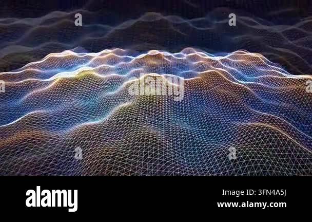 Abstract digital landscape with a wireframe mesh undulating like waves ...