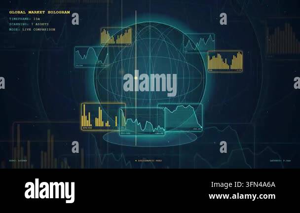 Futuristic holographic display showing global market data with ...