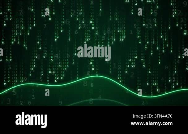 Abstract digital background with falling green numbers and a glowing ...