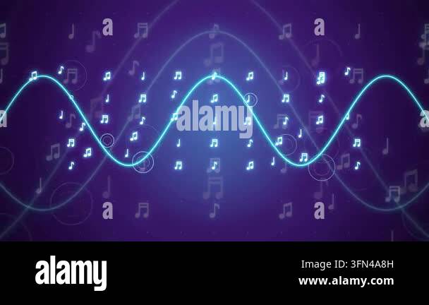Animated background with glowing blue sound waves and musical notes on ...