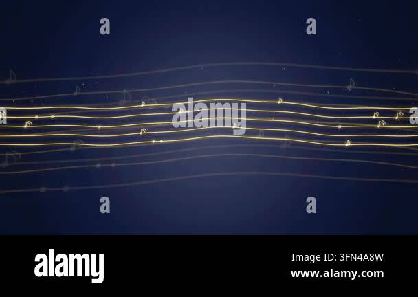 Abstract background with glowing golden musical notes flowing on wavy ...