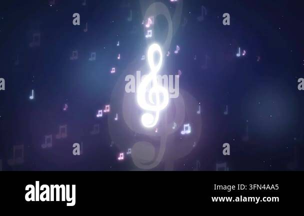 Animated background with glowing musical notes and a large treble clef ...