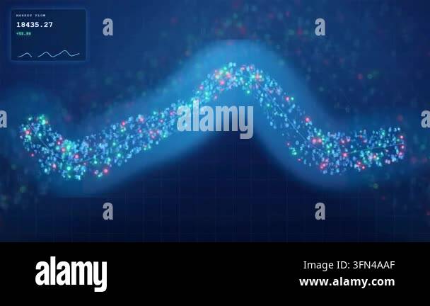 Abstract digital data stream forming a wavy line with glowing particles ...