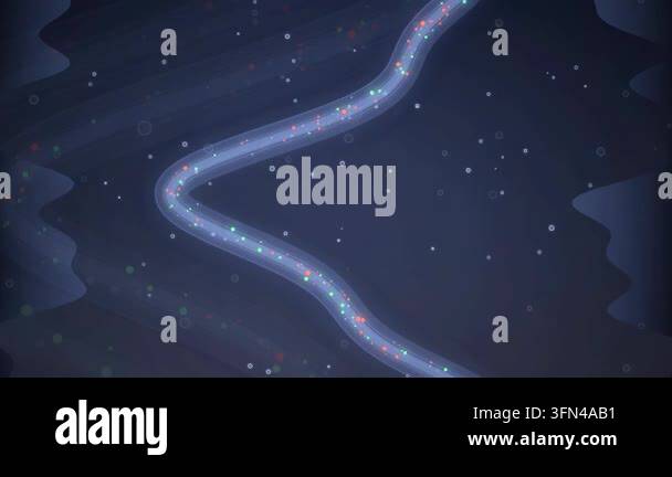 Abstract glowing wavy line with small particles moving along its path ...