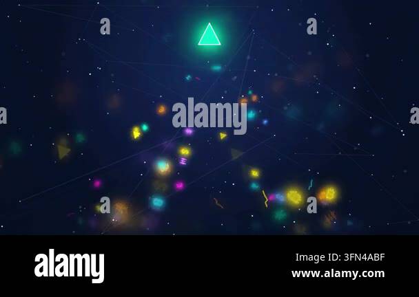 Abstract digital network with glowing geometric shapes and currency ...