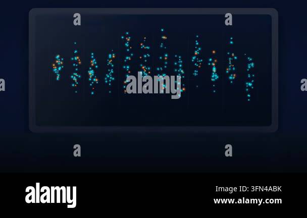 Abstract digital visualization of data points or sound waves in a dark ...