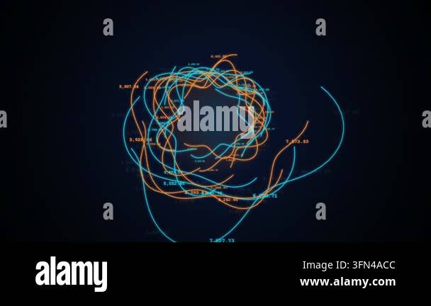 Abstract digital visualization of swirling blue and orange lines with ...