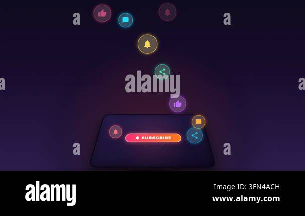 Animated social media icons like bell, like, share, and comment float ...