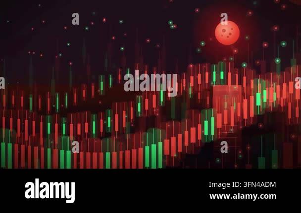 Animated stock market candlestick chart with red and green bars, set ...