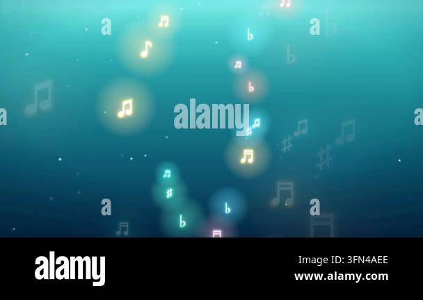 Animated background with colorful musical notes and bokeh effects ...