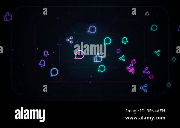Animated social media icons like likes, shares, and comments float and ...