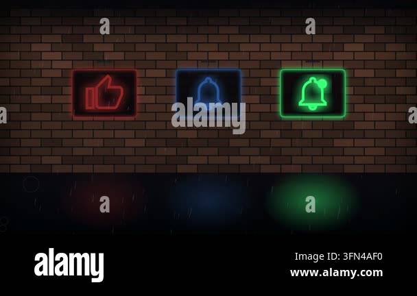 Neon social media icons for like, notification, and subscribe on a ...