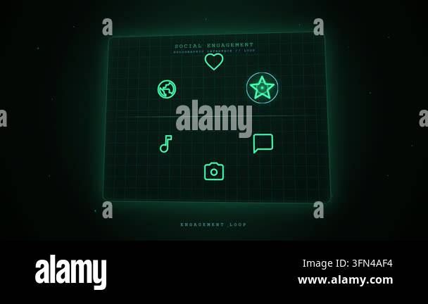 Holographic interface displaying social media icons in a looping ...