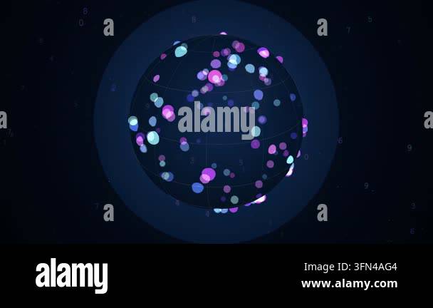 Abstract digital globe with glowing particles and numbers floating ...