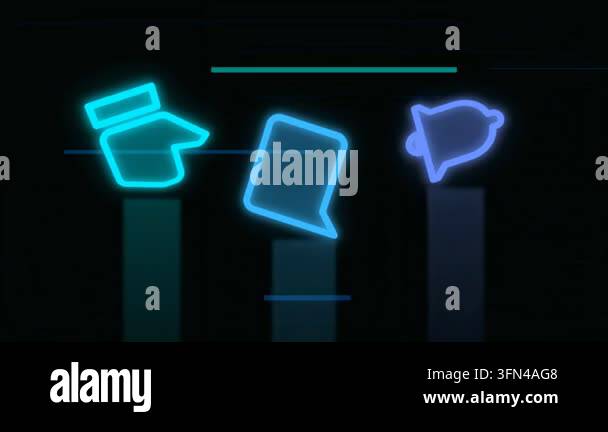 Animated neon social media icons like, comment, and bell notifications ...
