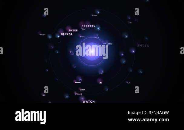 Abstract digital animation with orbiting text and glowing particles ...