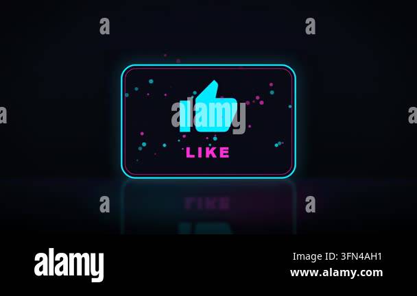Animated neon sign with a thumbs up icon and the word 'LIKE' on a dark ...
