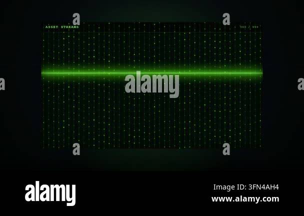 Digital data stream with green glowing particles flowing downwards on a ...