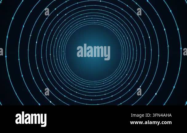 Abstract digital tunnel with glowing blue circular lines and small dots ...