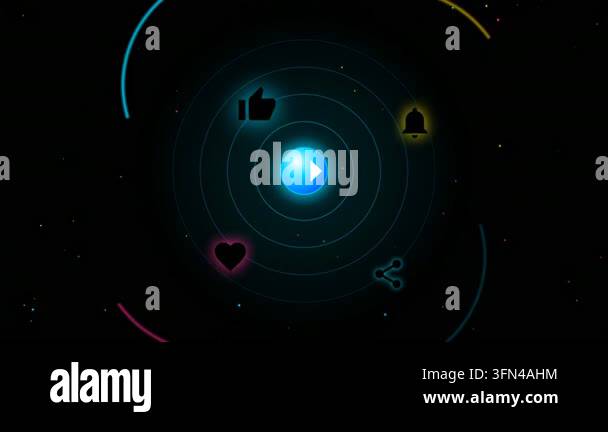 Animated social media icons like play, like, share, bell, and heart ...