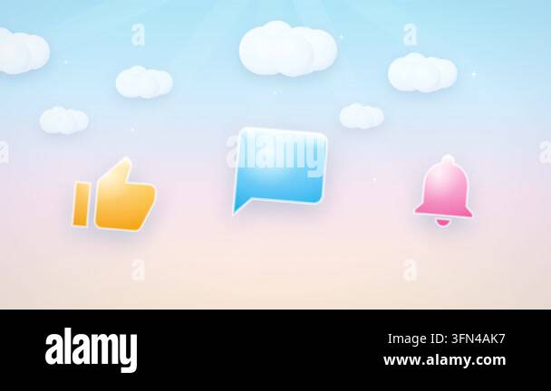Animated social media icons like a thumbs up, speech bubble, and bell ...