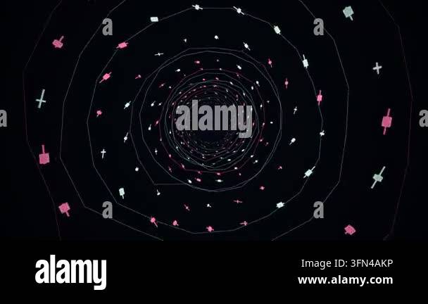 Abstract digital tunnel with glowing geometric shapes and lines moving ...