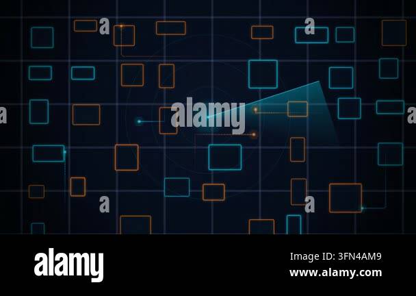 Abstract digital radar interface with glowing blue and orange squares ...