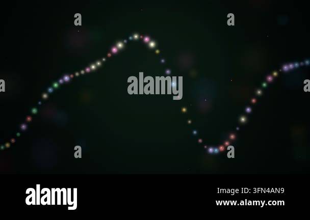 Abstract wavy line of colorful glowing particles moving across a dark ...