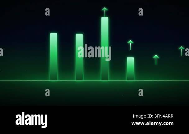 Animated green bar graph with upward arrows indicating growth and ...