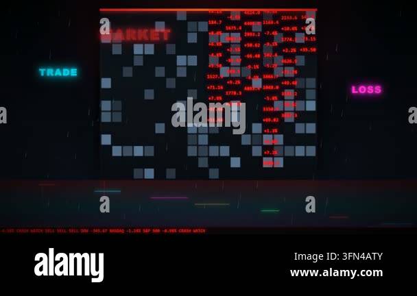 Abstract digital stock market data visualization with glowing neon text ...