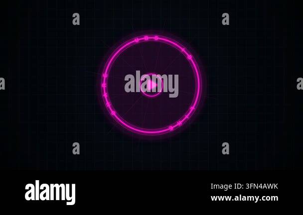 Futuristic neon circle with rotating text and a play button icon on a ...