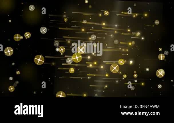 Abstract background with golden particles and circular shapes moving ...