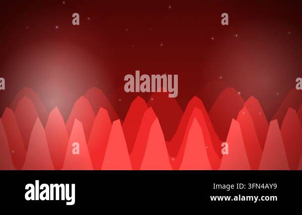 Abstract red landscape with glowing particles and wavy mountain-like ...