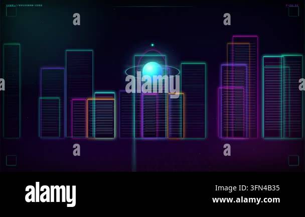 Abstract digital cityscape with glowing neon buildings and a central ...