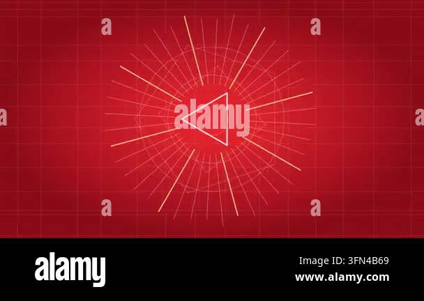 Animated play button icon with radiating lines on a red grid background ...