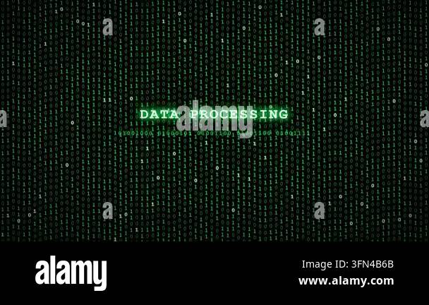 Digital stream of binary code with glowing green text 'DATA PROCESSING ...