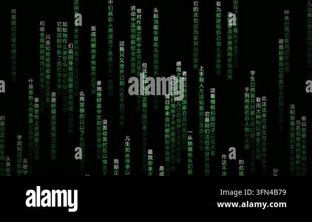 Digital rain effect with falling Chinese characters on a black ...