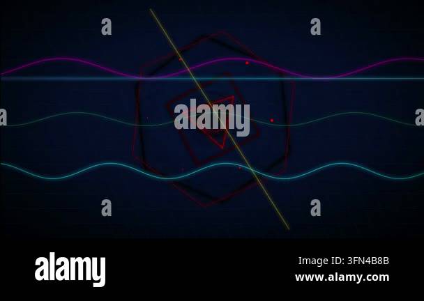 Abstract geometric shapes and neon wave lines pulsing with light on a ...