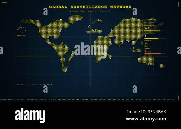 Digital world map interface displaying global surveillance network data ...