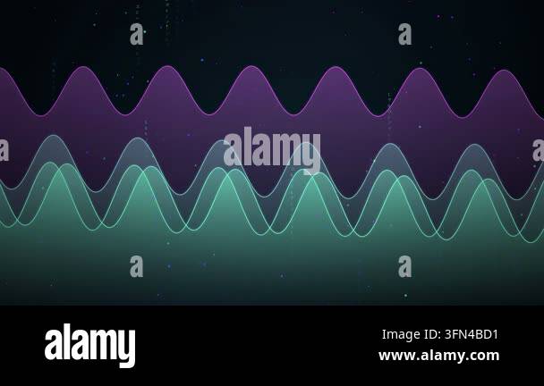 Abstract visualization of three colorful sound waves or data streams ...