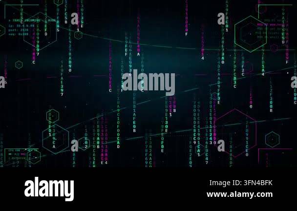 Digital data streams with falling code and geometric shapes ...