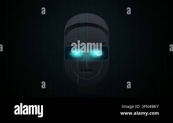 Animated robot face with glowing blue eyes and falling binary code on a ...