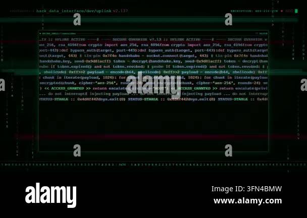 Digital screen displaying lines of code with a glitch effect ...