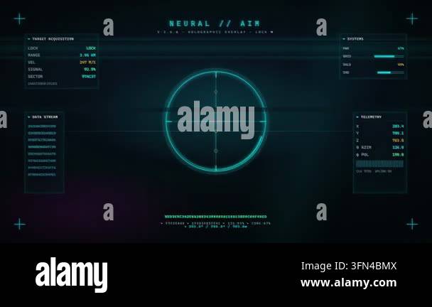 Futuristic holographic HUD display with targeting reticle and telemetry ...