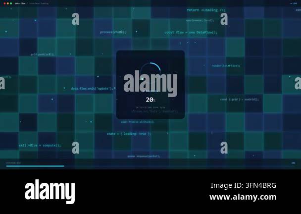 Abstract digital interface displays lines of code and a progress bar ...